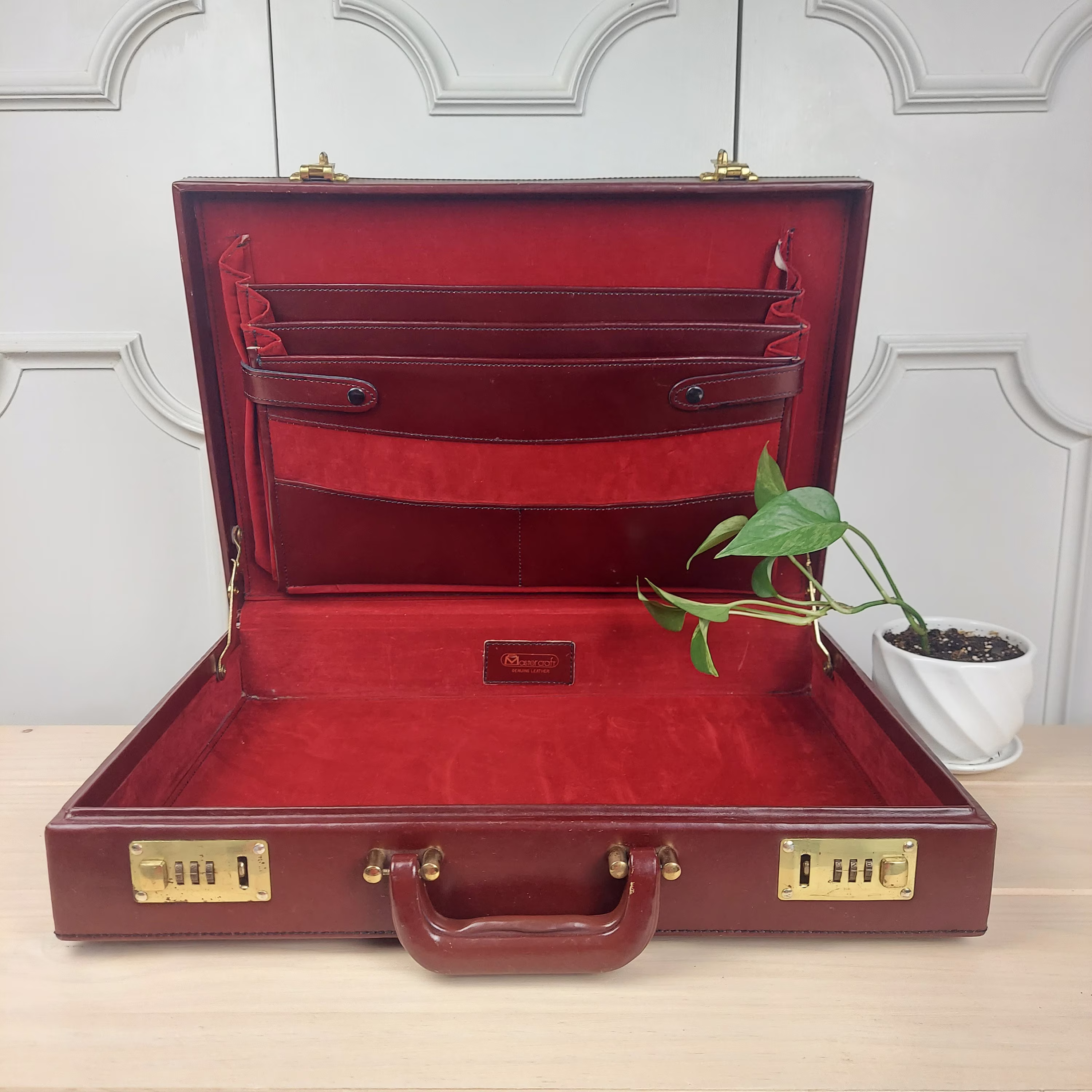 Vintage Mastercraft Genuine Leather Maroon & Red Briefcase, Attache, Hard Shell Office School Organizer