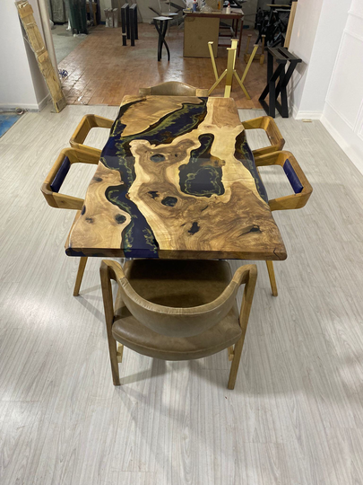 Live Edge Table, Custom 80" X 36" Walnut Midnight Blue Epoxy With Gold Leaf Strip Line River Order For Giovanni
