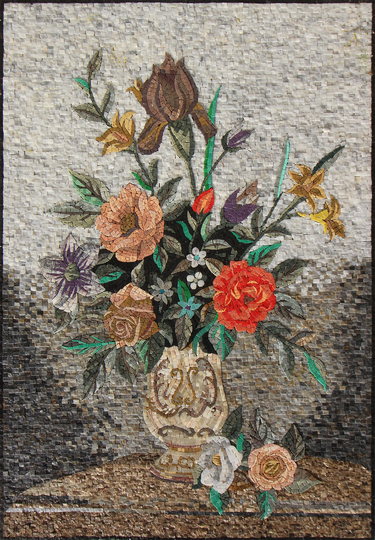 Colorful Flower Art - Colorful Mixed Flowers Wooden Table Mosaic Wall Art Mural Marble Tile Top Décor Office