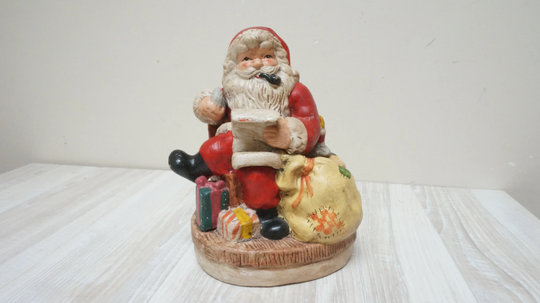Christmas Santa On Chair Music Box, Ceramic Clay Writing Letter With Gifts Vintage Pottery Figurine Playing Silent Night Tune Melody Kitschy