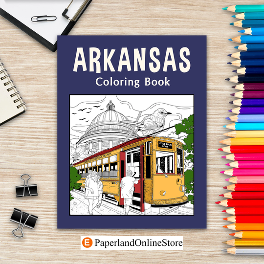 Arkansas Coloring Book, Adult Page, Painting On USA States Landmarks & Iconic, Gift For Tourist, Stress Relief Picture