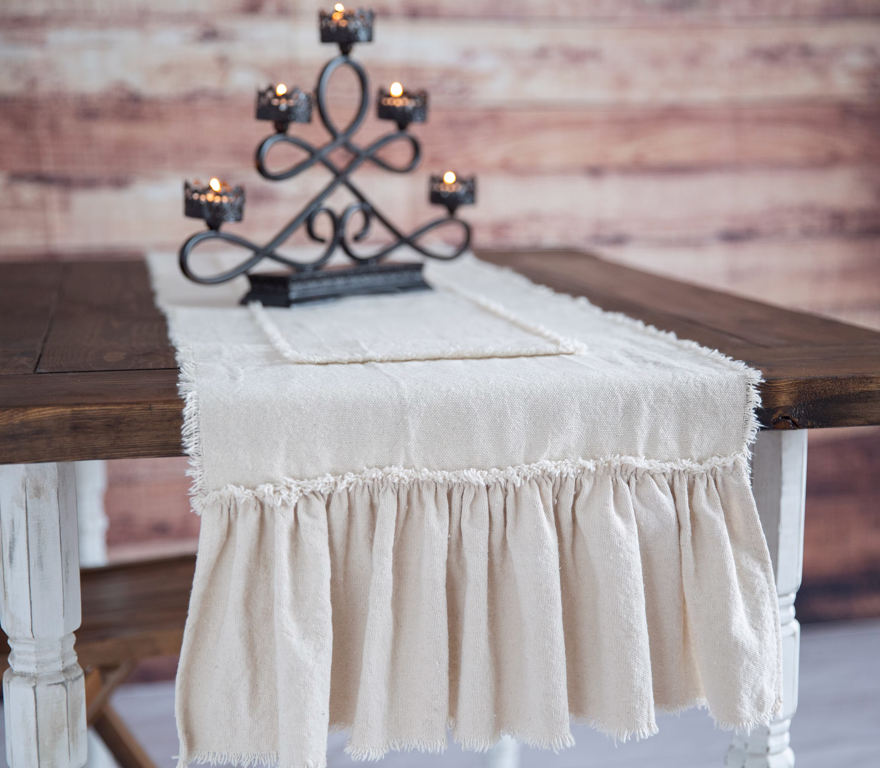 Shabby Chic Table Runner Rustic Cream Natural Cotton|Farmhouse With Ruffles