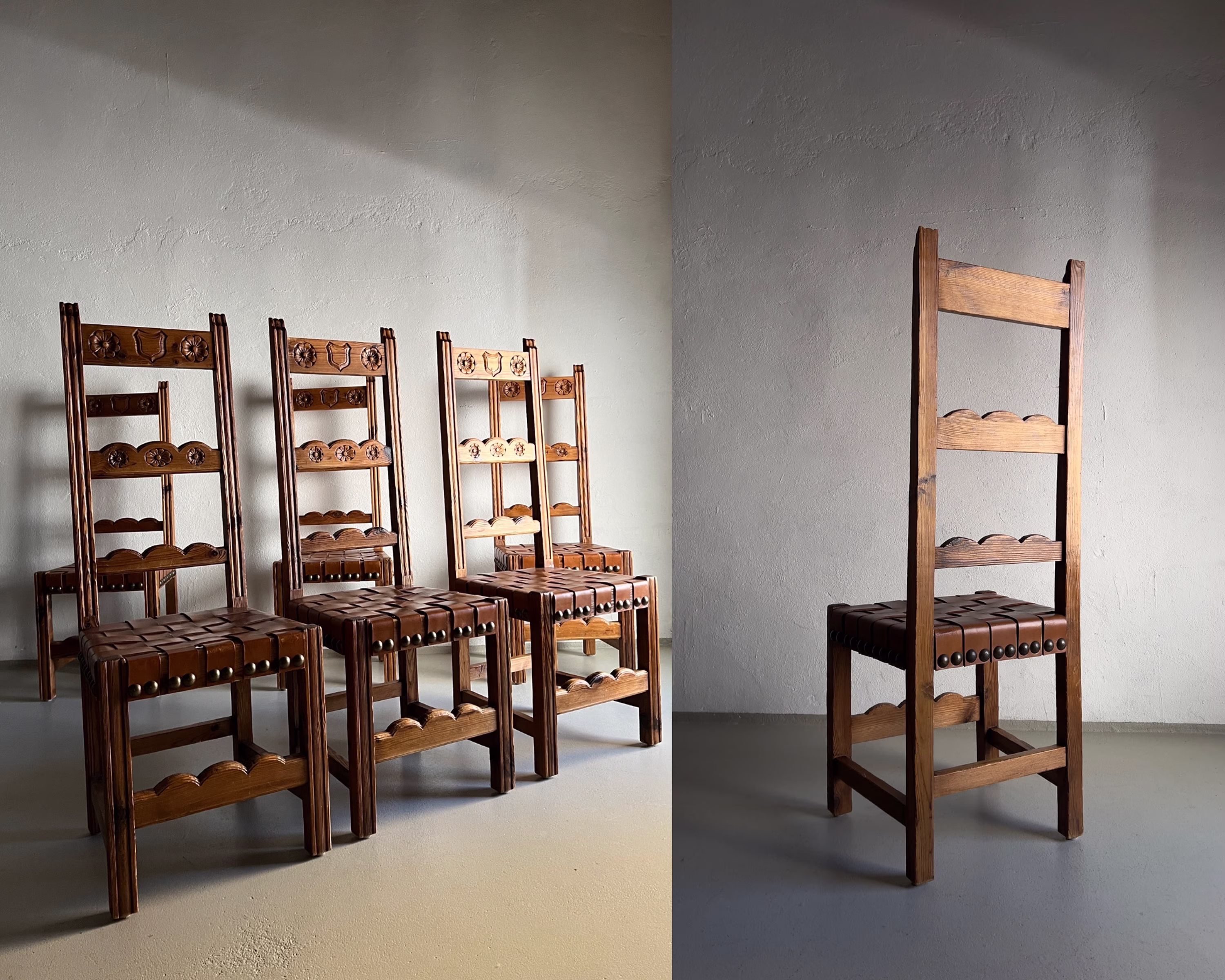6 Scalloped Dining Chairs/Brutalist Carved Wood Vintage