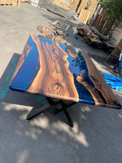 Epoxy Table, Dining Walnut River Custom 72" X 51" Blue, Turquoise, Green Table For Sasanti