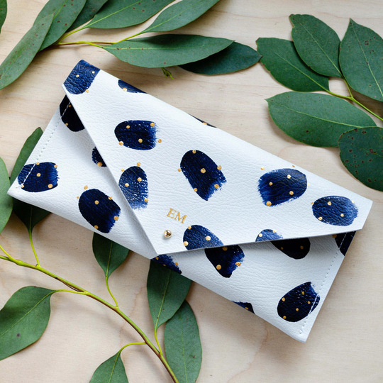 Personalised Navy Spotty Recycled Leather Clutch Purse, Bag, Pencil Case Or Make Up Bag