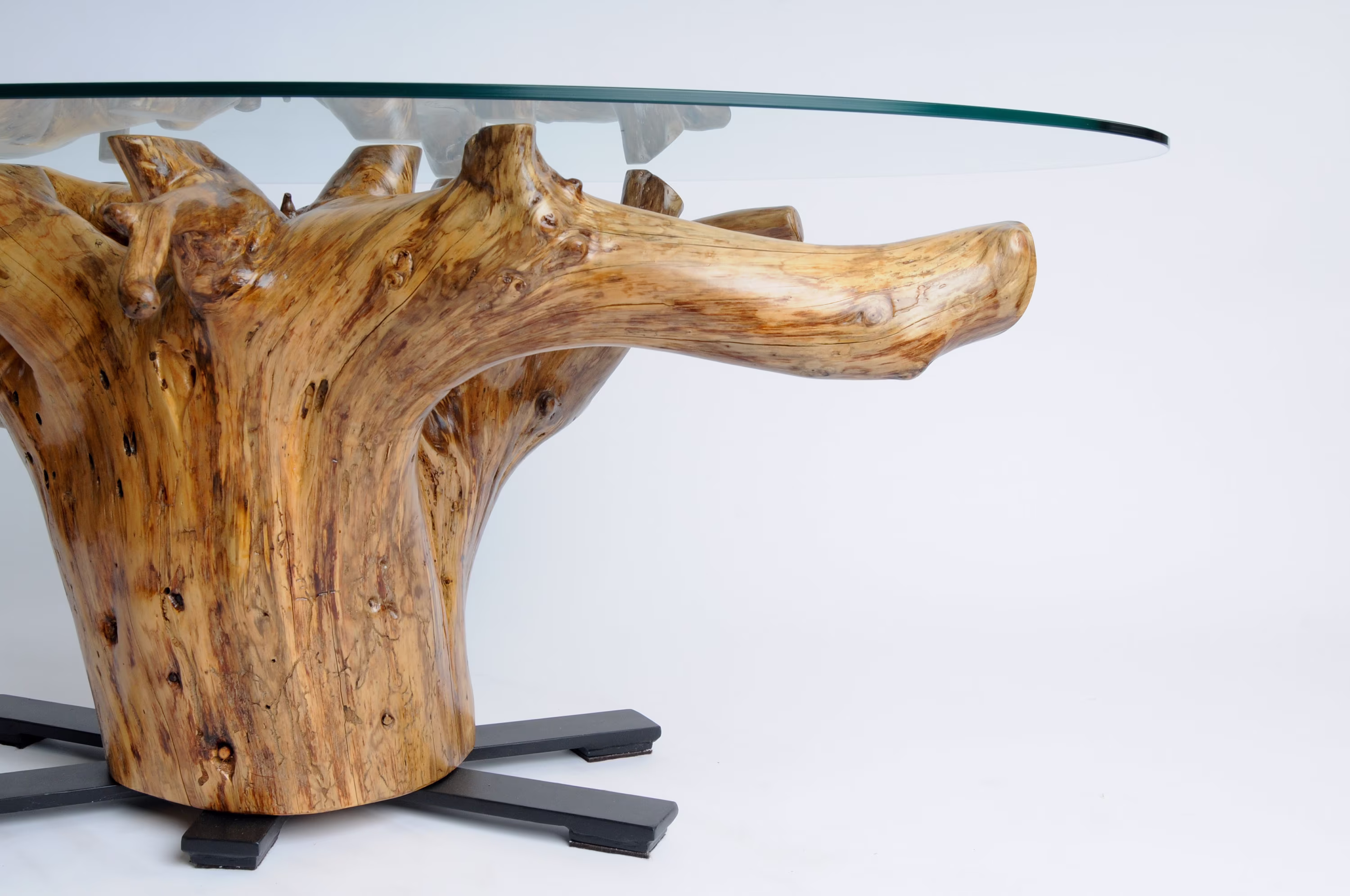 Tree Stump Glass Coffee Table With Metal Base