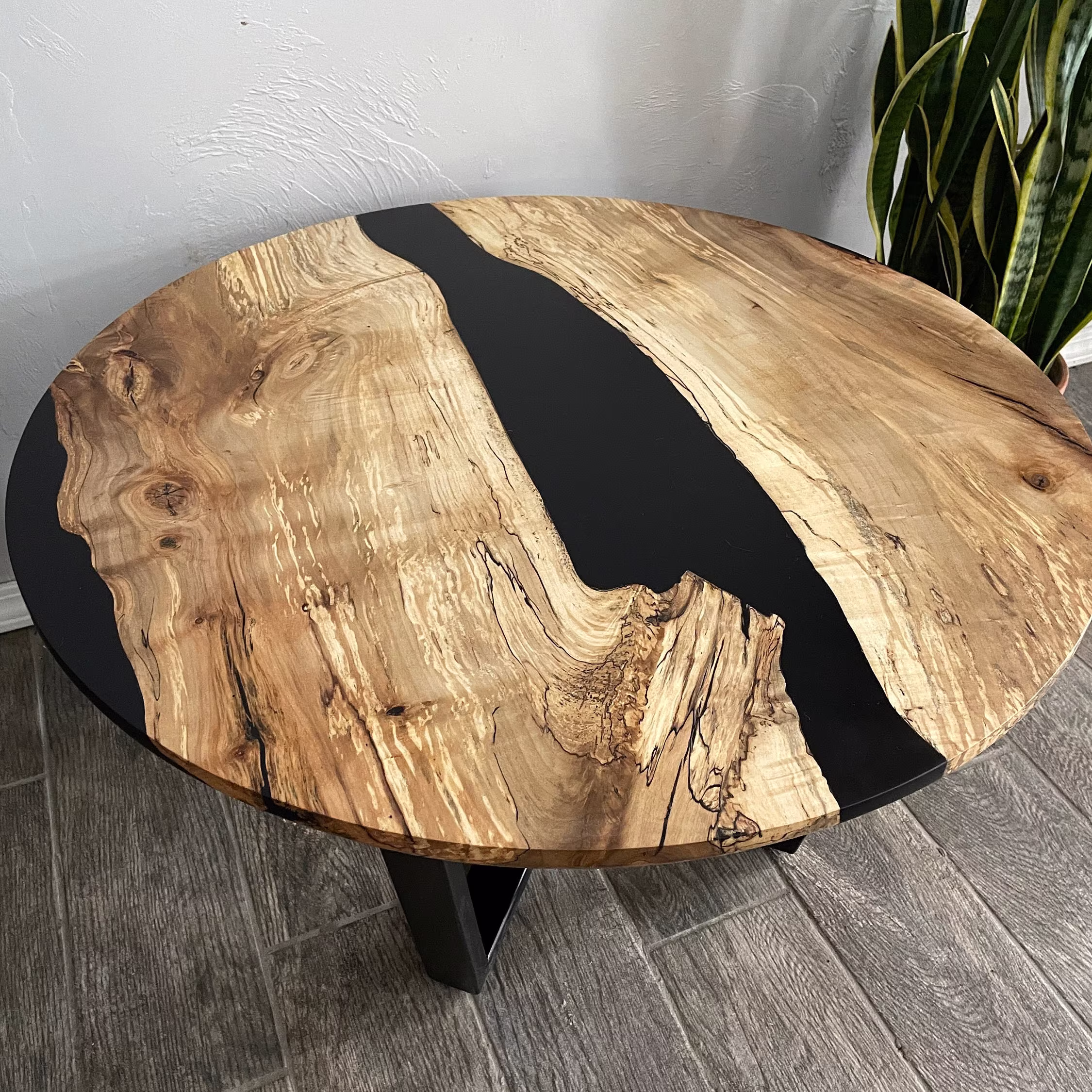 Spalted Maple Round Coffee Table With Steel X Frame - Large Live Edge Ready To Ship Free Shipping