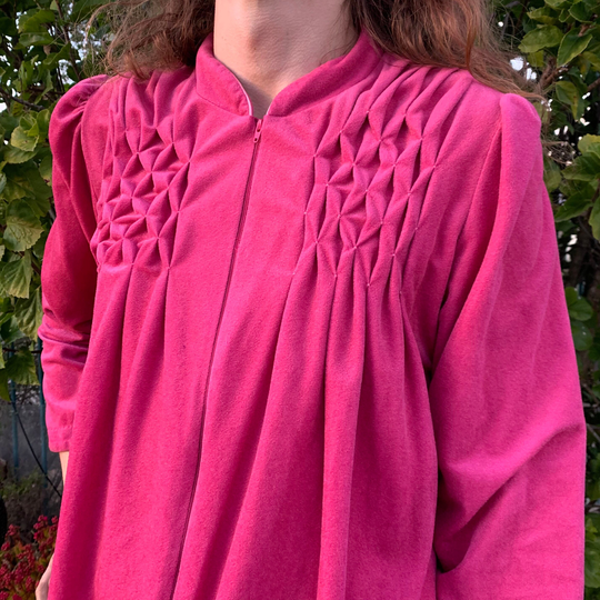Pink Full Length Fleece Robe - Vintage Long Sleeve Half Zip Retro House Dress With Pocket & Quilted Shoulders 1970S 80S Loungewear- Large