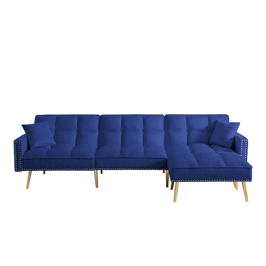 Velvet Reversible Sectional Sofa Bed with Ottoman, Adjustable Backrest Sofa