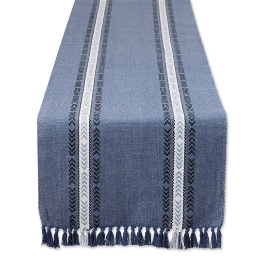 72" French Blue Striped Fringe Ribbed Table Runner