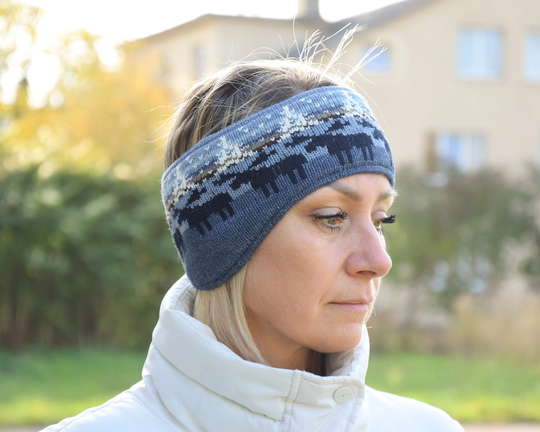 Men & Women Headband With Ears Nordic Woolen Head Bandage Fair Isle Icelandic Pattern Blue Jacquard Ear Warmer Reindeer Woollana