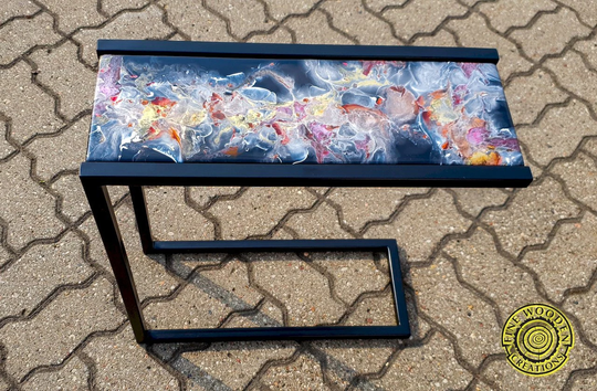 Resin Cast End Table On Metal C Shaped Legs, Abstract Design, Blue, Red, Gold, White