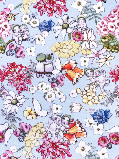 May Gibbs Gumnut Babies Friends Blue Floral Quilting Organic Cotton Fabric By 1/4, 1/2 Yard Or Fat Quarter, Australian Native