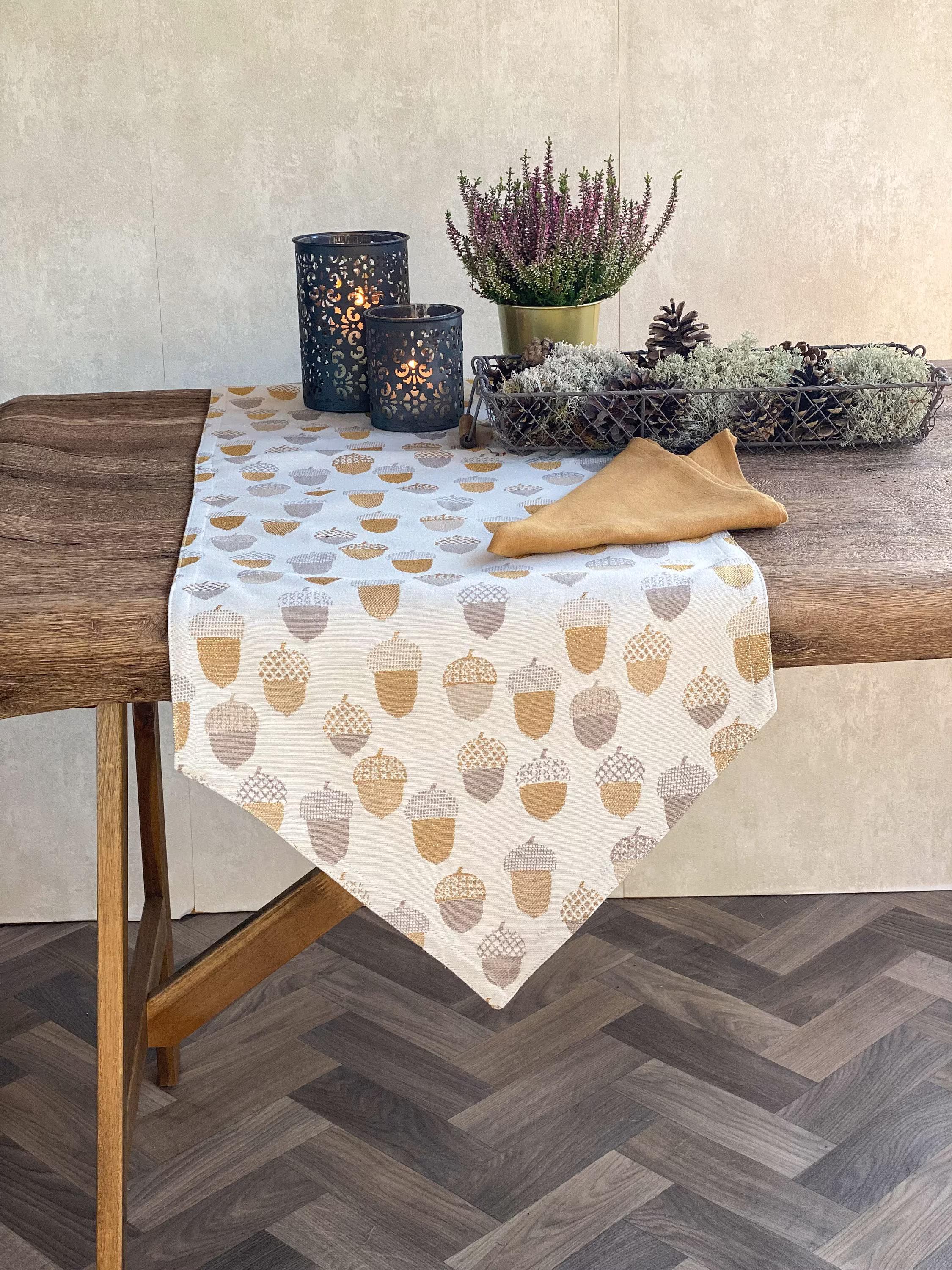 Winter Decor Table Runner - Gold Christmas Table Runner, Entrance Decor, Acorn Fabric, White Home