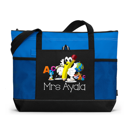 Teacher Pencil Personalized Tote Bag With Mesh Pockets, Preschool, Kindergarten, Gift, Appreciation