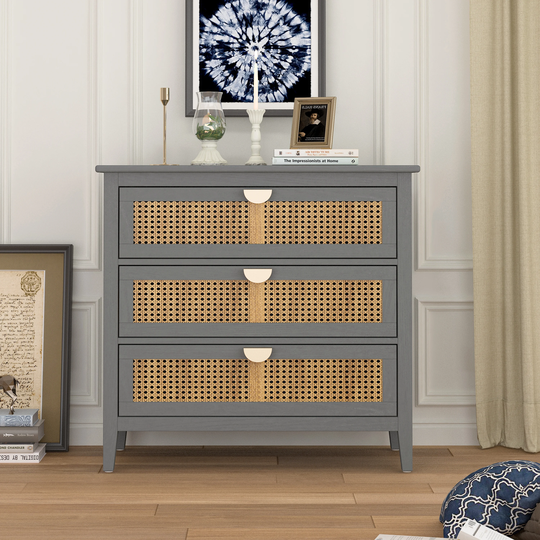 Natural Rattan 3 Drawer Storage Organizer witn Metal Handle