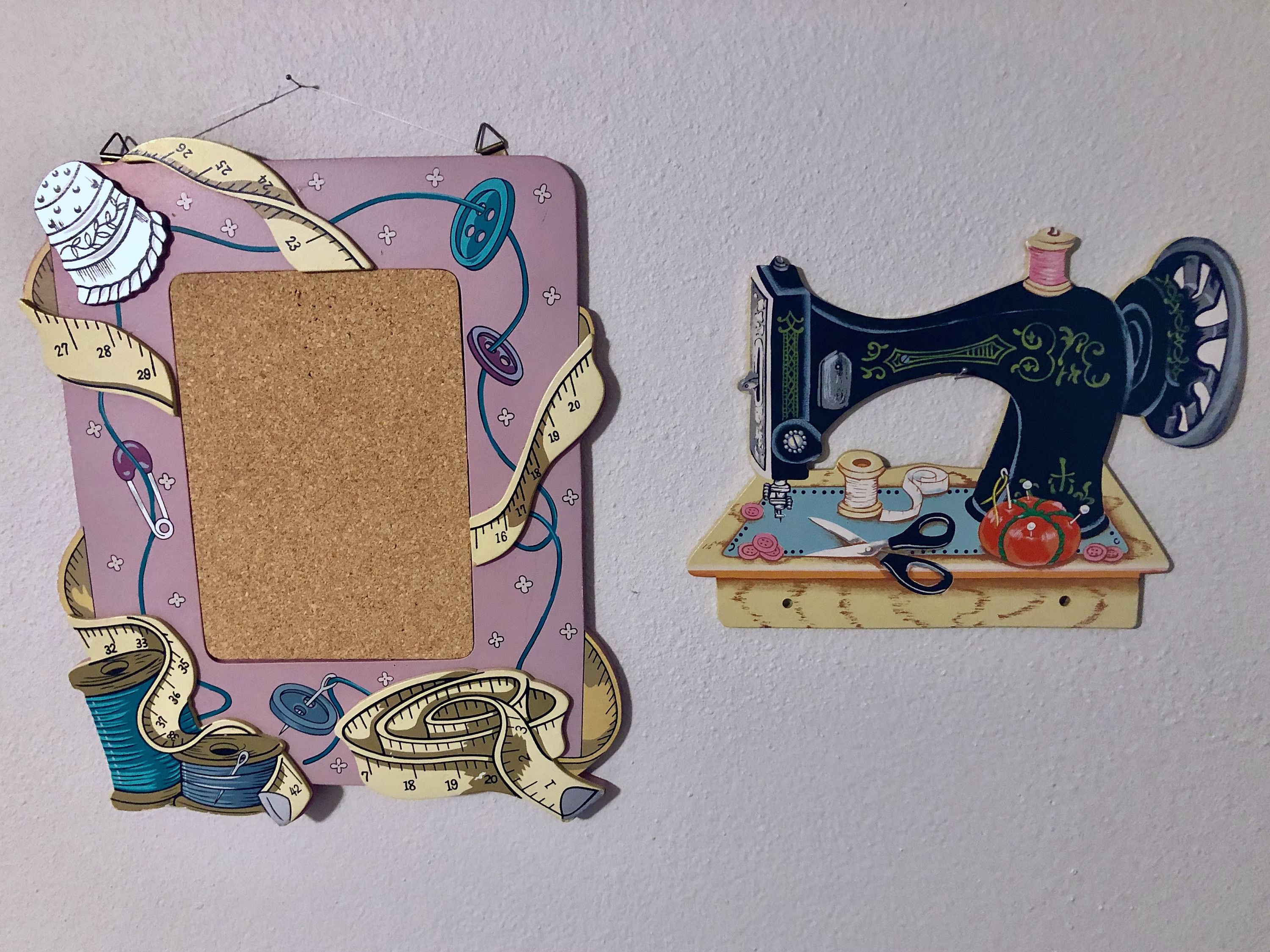 Set Of 2 Vintage Sewing Themed Wooden Wall Art | Cork Board & Singer Machine Decor