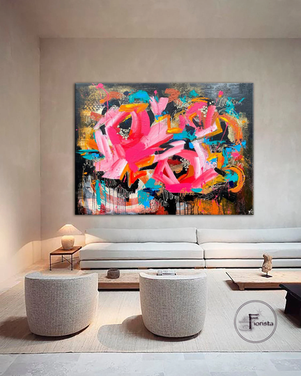 Large Modern Flowers Abstract Colorful Painting On Canvas, Ukrainian Artists, Fine Art, Wall Expressionist Fireplace, Vibrant Art