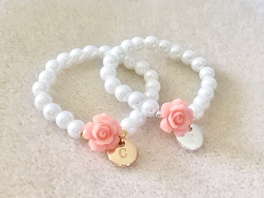 Pink Flower & White Pearl Bracelet For Girl Gift Little Toddler