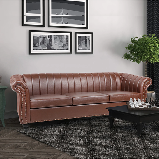 82.5" Rolled Arm Chesterfield Three Seater Sofa, PU Leather Seat Nailheads Finish Sofa