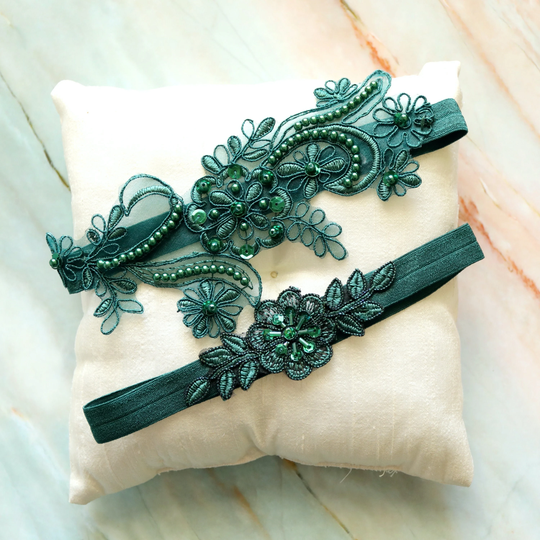Wedding Garter Set, Dark Green Beaded Lace Garter, Hunter Belt