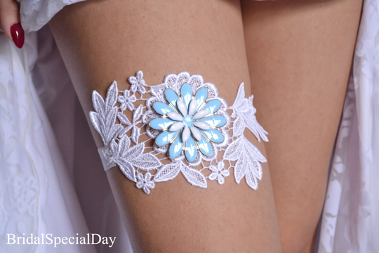Wedding Garter Set Belt For Brides Lace Garter, Bridal Rhinestone Applique White Blue Handmade Flower Garters Sets