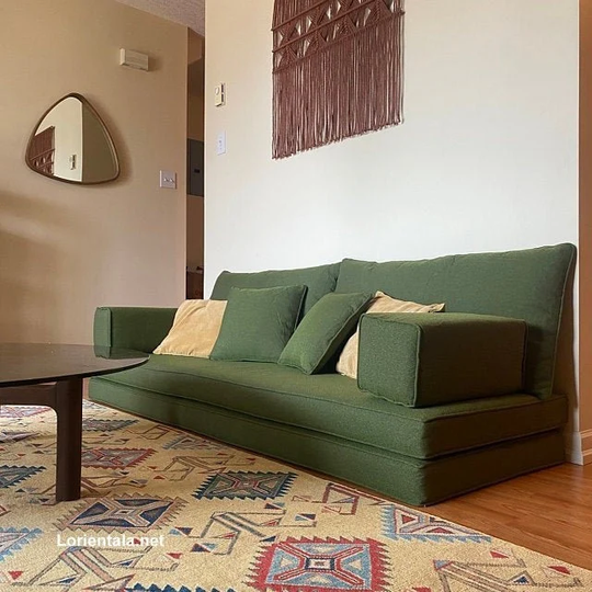Green Color Linen Fabric Floor Seating Sofa Turkish Arabic Living Room Oriental Moroccan Home Decor Couch Cushion Pillow Yoga Meditation Bed