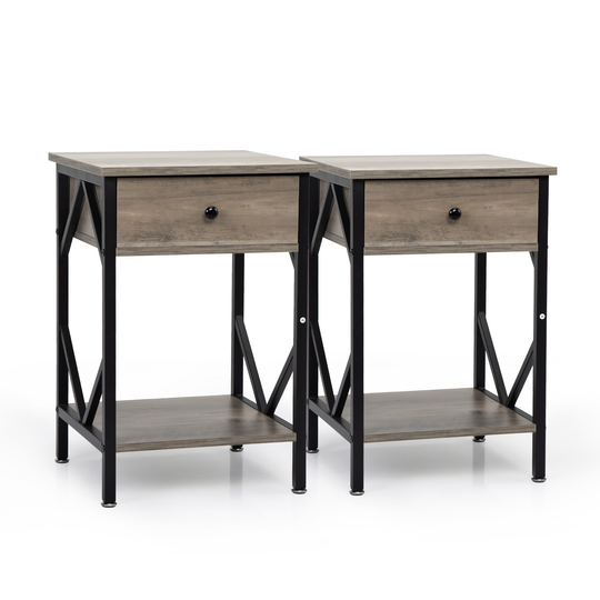 Set of 2 Nightstand End Table w Drawer, Storage Shelf for Living Room