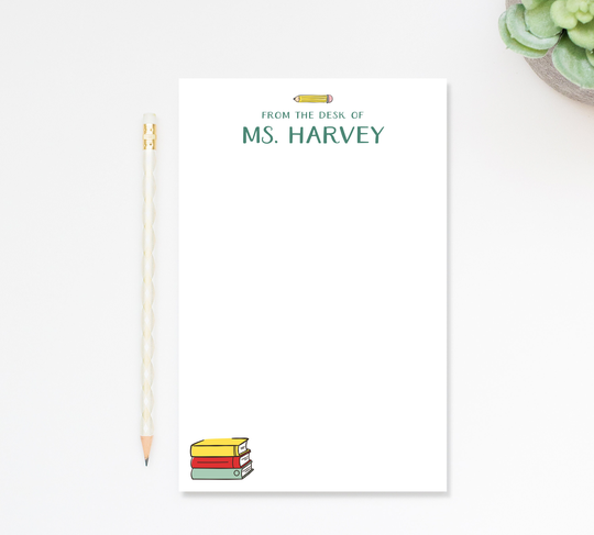 Personalized Notepad For Teacher, Colorful Writing Pad With Books & Pencil, From The Desk Of Custom Paper Gift Under 25, 50 Sheet
