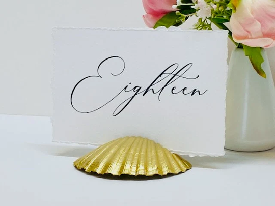 Beach Wedding Gold Scallop Shell Table Number Holder, Set Of 10