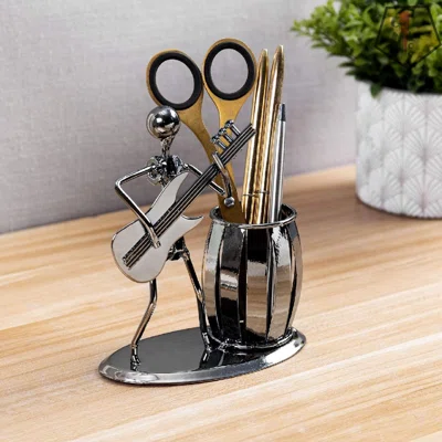 Decorative Gunmetal Gray Metal Desk Pen Holder Cup With Rocker And Guitar Design, Office Supplies Organizer Pencil Cup