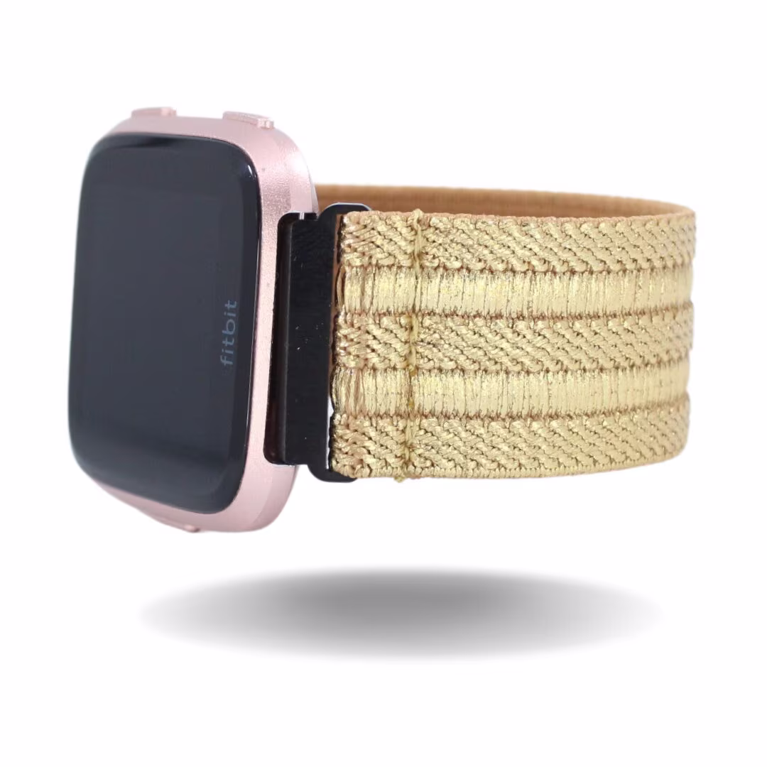 Elastic Fitbit Versa Watch Band - 1/2 Lite Yellow Gold Metallic Glittery Sparkly Textured Elegant Formal Dressy Casual Boho Chic