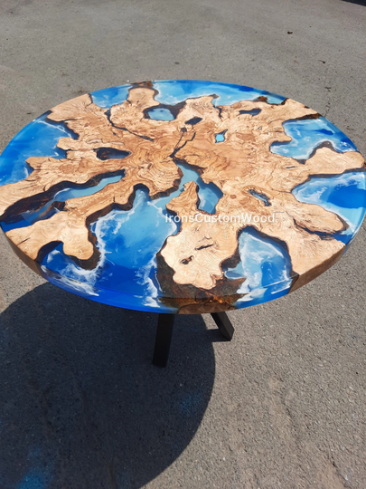 Ocean Epoxy Coffee Table, Round Olive Wood Resin Blue Custom Sea Design