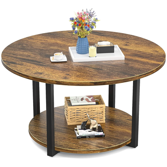 Round Coffee Table Industrial Coffee Table Living Room Table Wood Circle Coffee Table with Storage 2-Tier Central Table