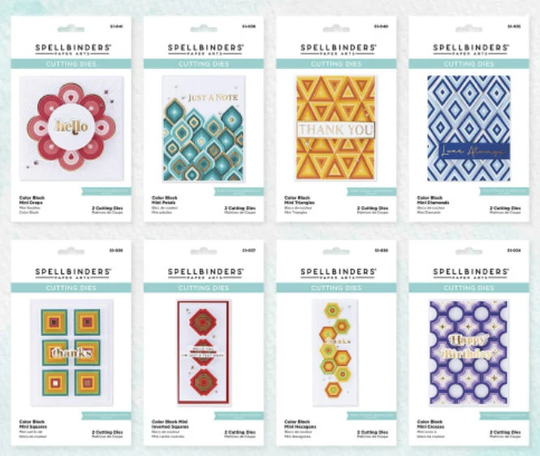 Spellbinders Mini Color Block Etched Dies - Diamonds, Petals, Inverted Squares, Hexagons, Crosses, Triangles, Drops