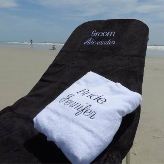 Bridal Beach Chair Towel Cover For Bride & Groom Great For The Honeymoon Custom Lounge Covers Embroidered