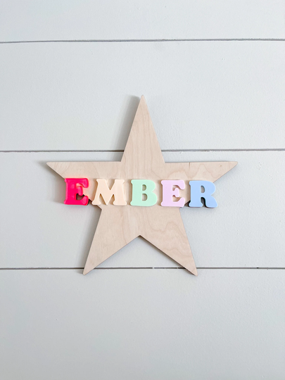 Custom Colorful Star Name Announcement Sign | Pastel Nursery Decor Baby Reveal Wood