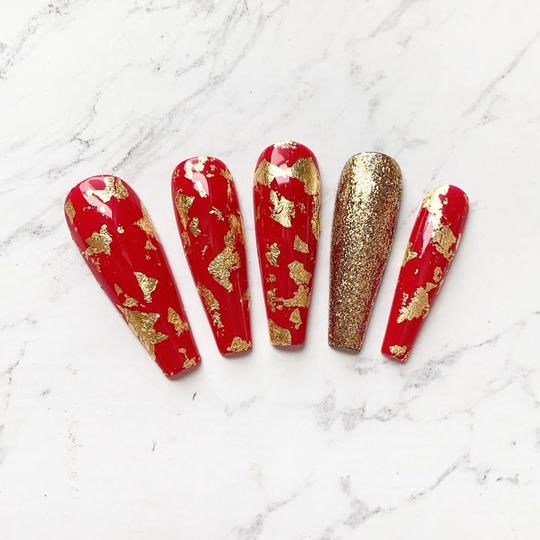 Reusable Red With Gold Flake Glitter Adhesive Press On Nails