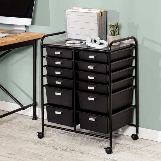 Black Metal and Plastic 12-Drawer Storage Cart