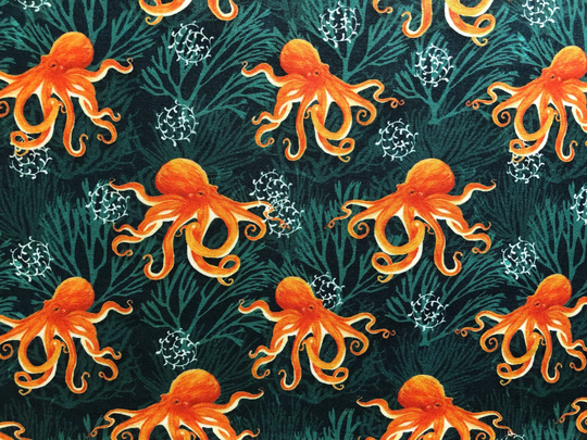 Orange Octopus & Dark Green Seagrass Quilting Cotton Fabric By 1/2 Yard Or Fat Quarter, Under The Sea Mammals
