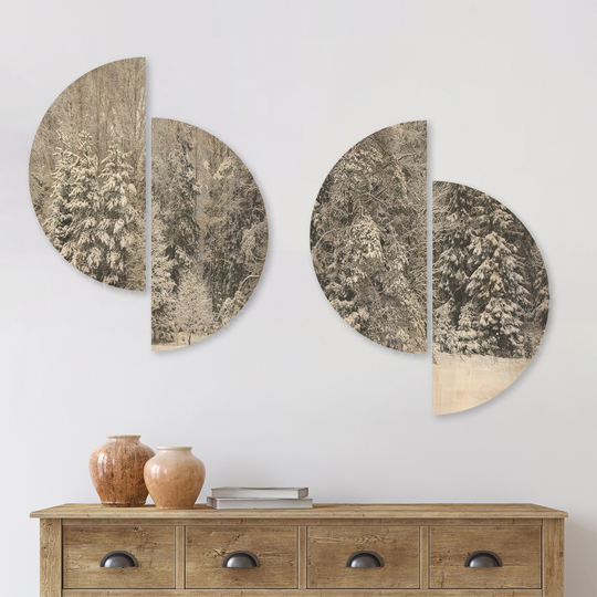 Designart 'Foggy Winter Forest Panorama' Landscape Wood Wall Art Set of 4 Half Circles - Multi-Color