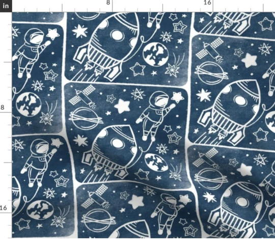 Space Odyssey Fabric By The Yard | Cosmic Spaceship Astronaut Moon Stars Planets Print To Order Outer