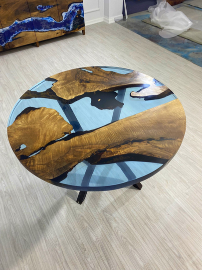 Round Dining Table, Custom 48" Walnut Transparent Light Sky Blue Epoxy River Live Edge Order For Kristie 4