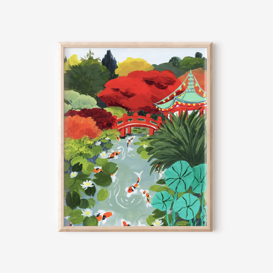 Japanese Garden Art, Colorful Travel Autumn Art Print, Koi Pond, Colors, Illustration, Painting, Fall Foliage