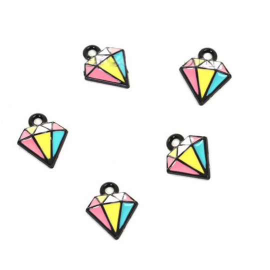 Black Tone Multi Color Diamond Enamel Charm, Set Of 10, Rainbow Charm Pendant