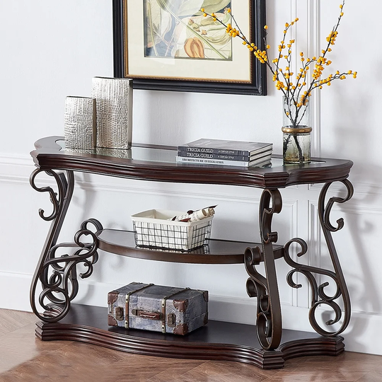 Sofa Table, Glass Table Top,MDF W/marble Paper Middle Shelf,Metal Legs