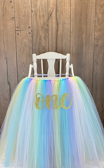 Pastel Rainbow High Chair Tutu, Girls First Birthday Highchair Banner, Unicorn Party, 1st Smash Cake Decor, Tulle Cover