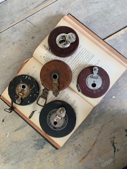 5 Steel Tape Measure Lot Five Leather Carpenters Retractable Metal Measuring Tapes Surveyors Steampunk