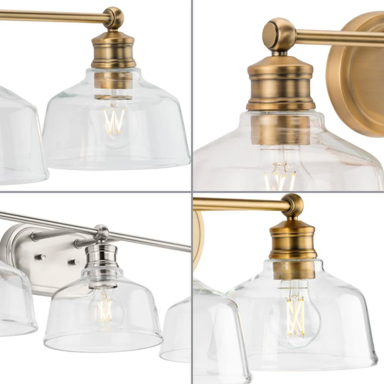 Singleton Collection 3-Light 26.5 in. Vintage Brass Vanity Light with Clear Glass Shades - Small