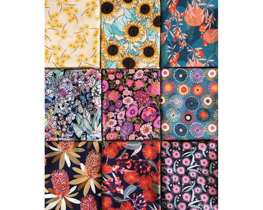 Bundle Of Australian Native Floras Quilting Cotton Fabric By Fat Quarter Or Half Yard, Gumnut Protea Sunflower Viola Hyacinths